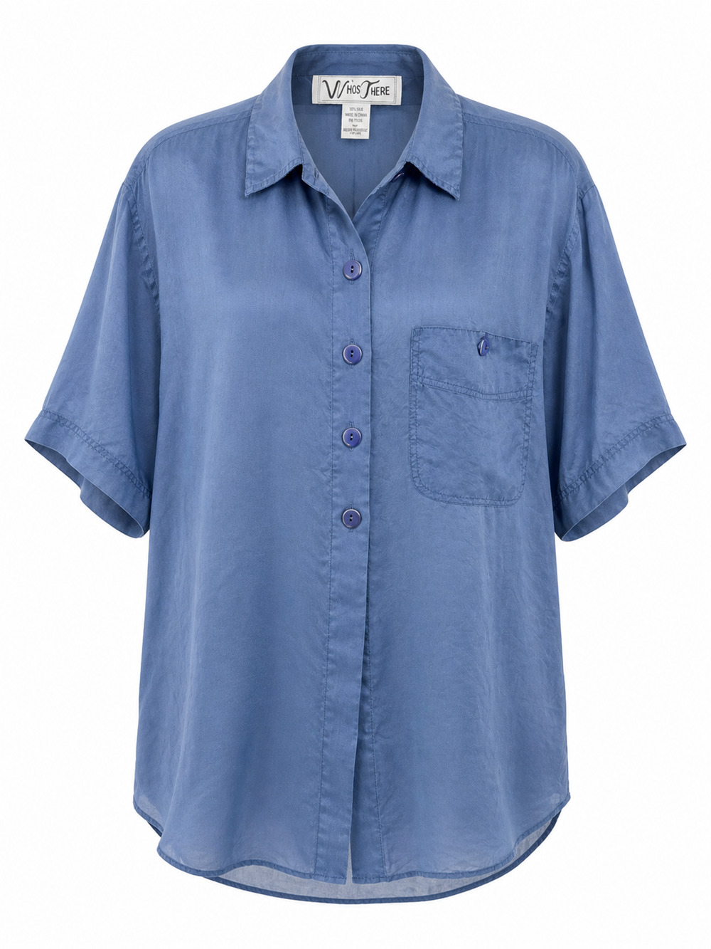 Blue Silk Sheer Button Front Camp Shirt Minimalist Lightweight Blouse Large
